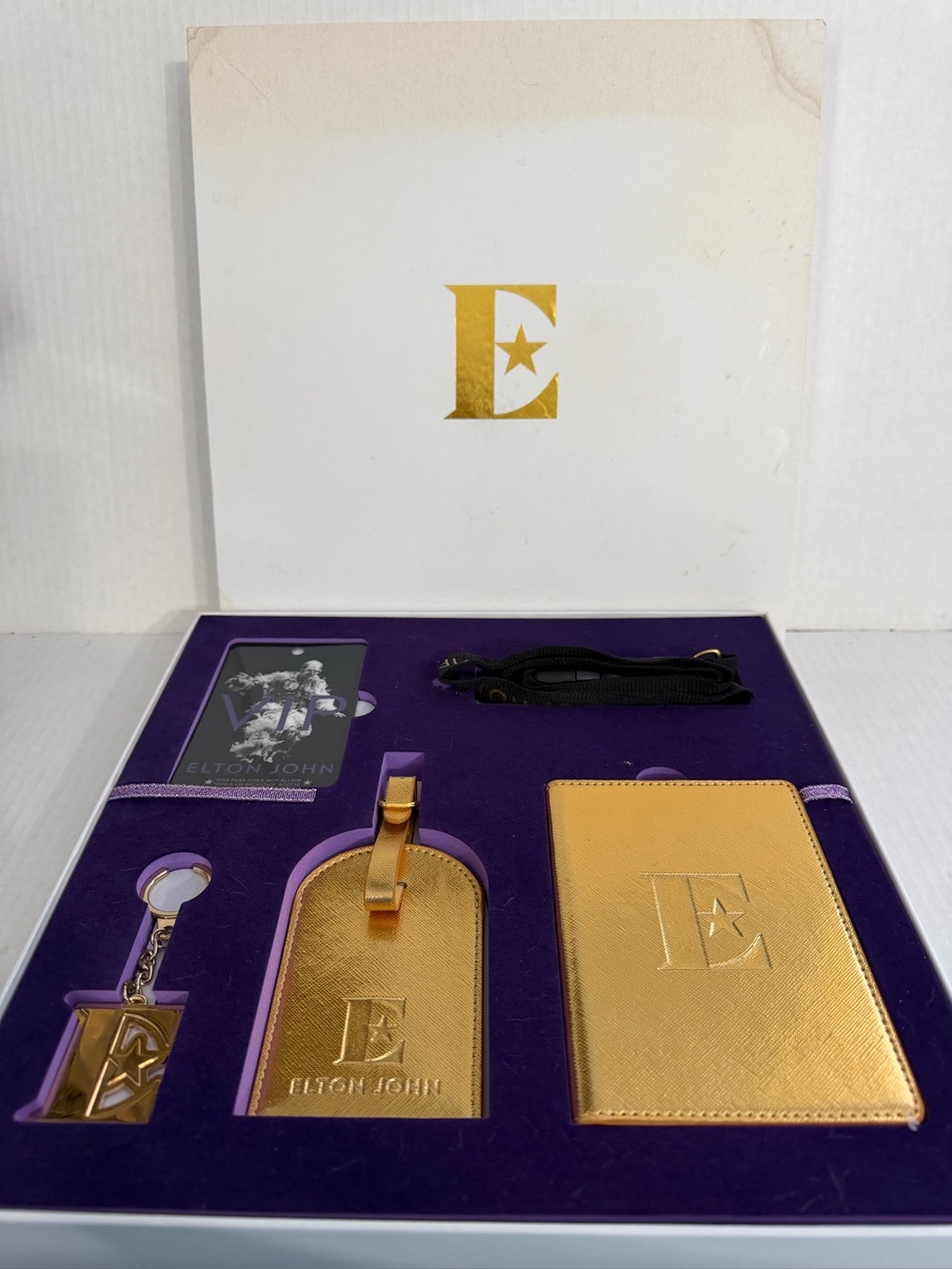 Elton John Gold Travel Accessory Set - Luggage Tag, Keychain & Passport Holder